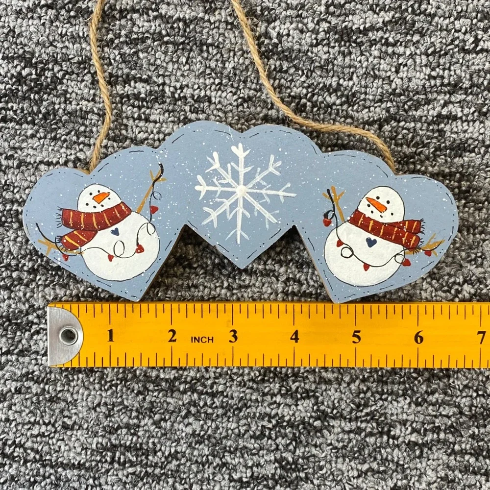 Rustic Wood Triple Heart Snowman Snowflake Hanging Sign Blue Winter Decor